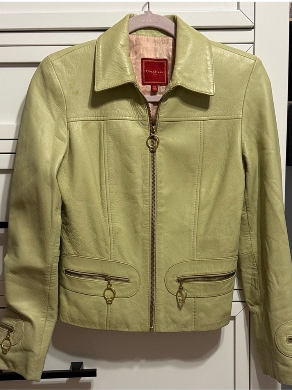 Cole Haan Pale Green Leather Zip-Front Jacket